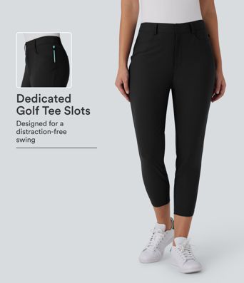 Pantalón capri de golf de talle medio con bolsillos, corte cónico, de secado rápido — bolsillo para tee de golf — UPF40+