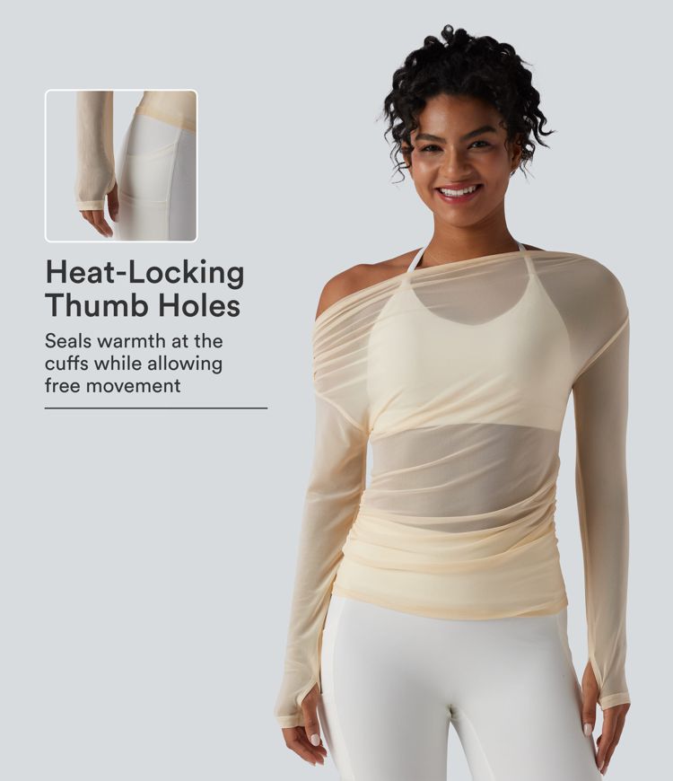 One Shoulder Long Sleeve Thumb Hole Mesh Yoga Sports Top One Shoulder Long Sleeve Thumb Hole Mesh Yoga Sports Top