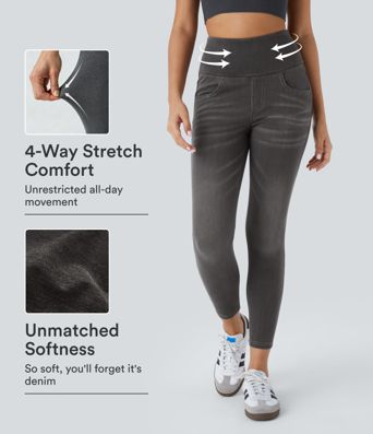 High Waisted Pockets Denim 7/8 Casual Leggings
