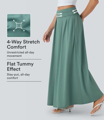 High Waisted Tummy Control Flare Maxi Casual Skirt with Pockets
