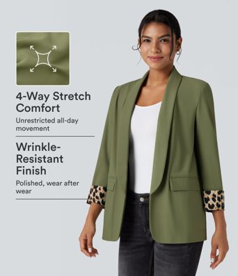 Lapel Long Sleeve Leopard Print Twill Work Blazer with Pockets