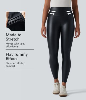 Lässige 7/8-Leggings mit hoher Taille, bauchformend, aus dehnbarem PU, mit Taschen.