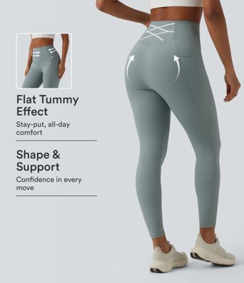 Leggings de sport en maille côtelée, taille haute, effet gainant pour le ventre, avec poches