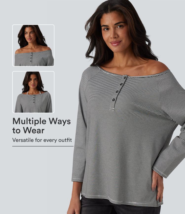 Ribbed Knit One-shoulder Long Sleeve Stripes Relaxed Casual Top Ribbed Knit One-shoulder Long Sleeve Stripes Relaxed Casual Top