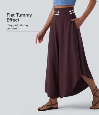 High Waisted Tummy Control Ruffle Hem Baggy Pants with Pockets