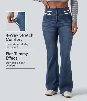 Halara Flex™ Mid Rise Tummy Control Half Zip Flare Casual Jeans with Pockets