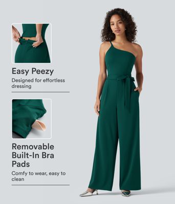 Combinaison de soirée à une épaule, sans manches, ceinturée, avec soutien-gorge intégré et poches - Simple comme bonjour