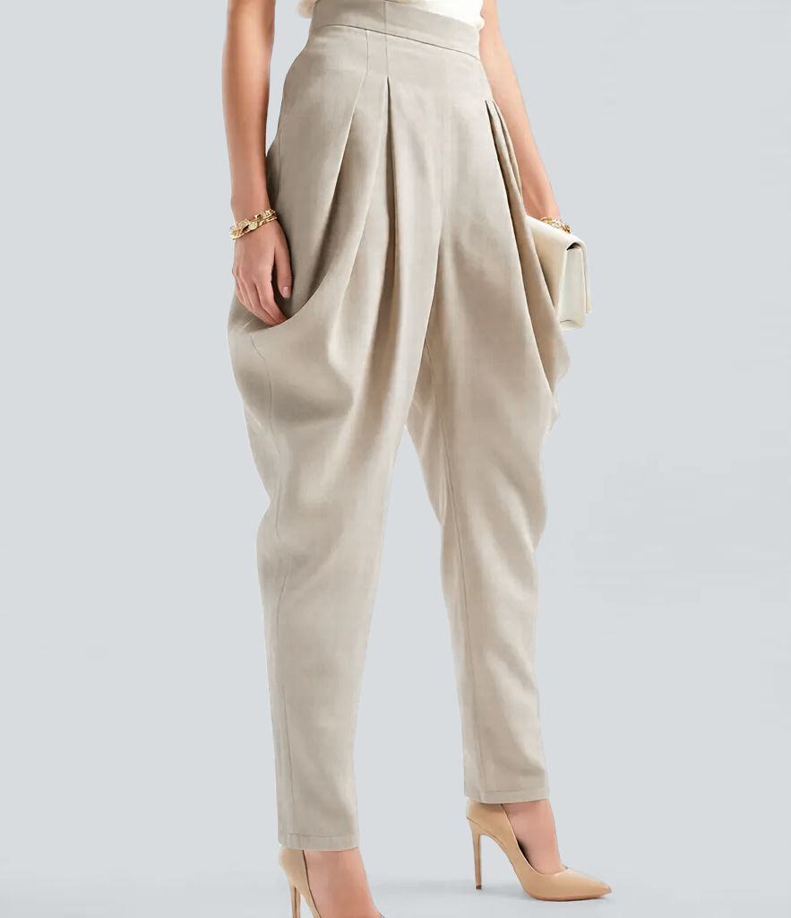 Mid Rise Casual Cowl Tapered Pants with Pockets