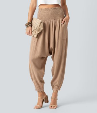 High Waisted Shirred Casual Linen-Feel Harem Joggers with Pockets