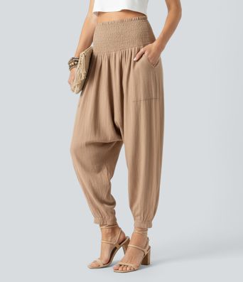 High Waisted Shirred Casual Linen-Feel Harem Joggers with Pockets