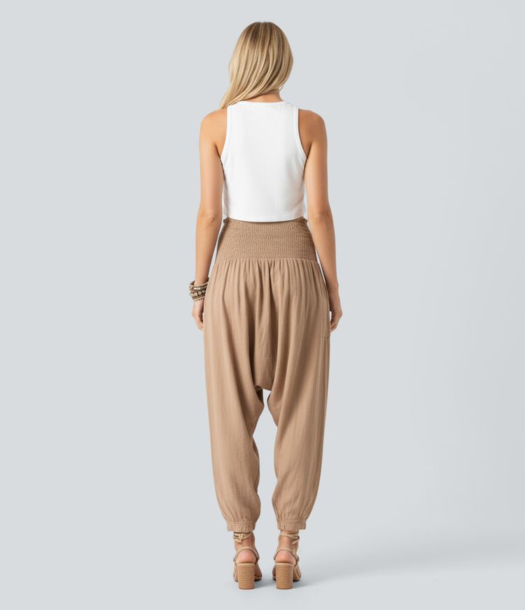 High Waisted Shirred Casual Linen-Feel Harem Joggers with Pockets