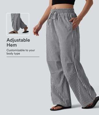 Mid Rise Drawstring Baggy Gingham Casual Pants with Pockets