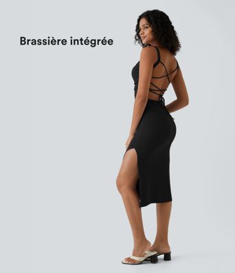 Robe midi casual laquée fendue, brassière intégrée, dos nu croisé