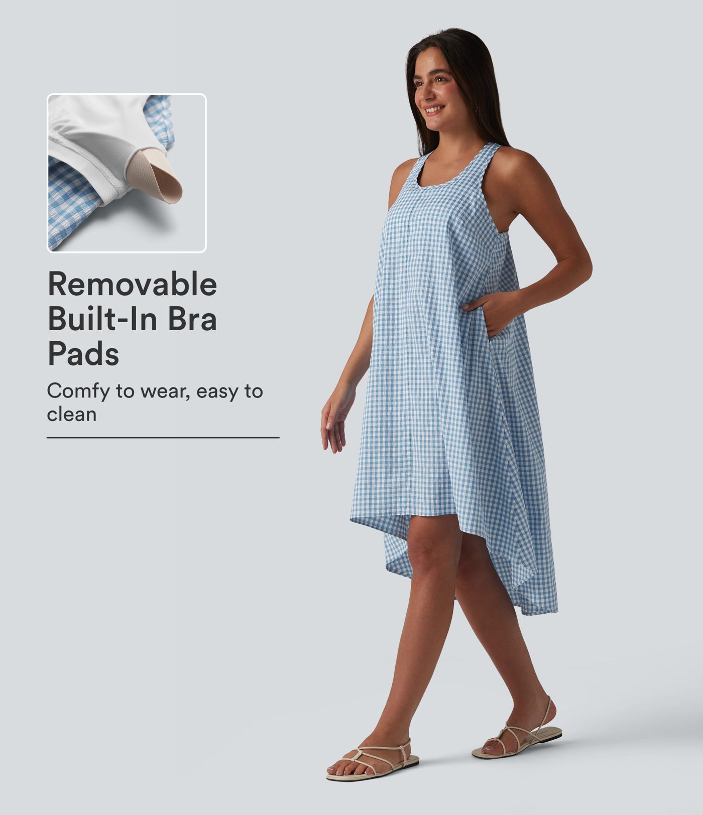Robe midi resort fluide à carreaux vichy dos nu dos nageur coupe asymétrique avec soutien-gorge intégré et poches