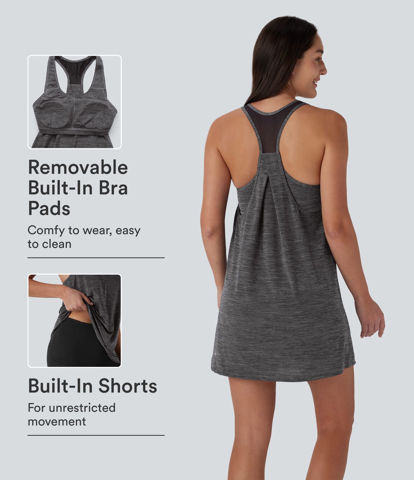 Robe de yoga active mini à col en U avec dos nageur et poche contrastée en maille 2 pièces