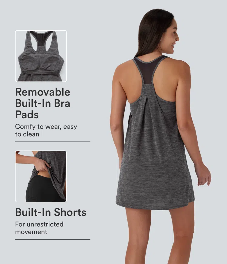 U Neck Racerback Contrast Mesh 2-Piece Pocket Mini Yoga Active Dress