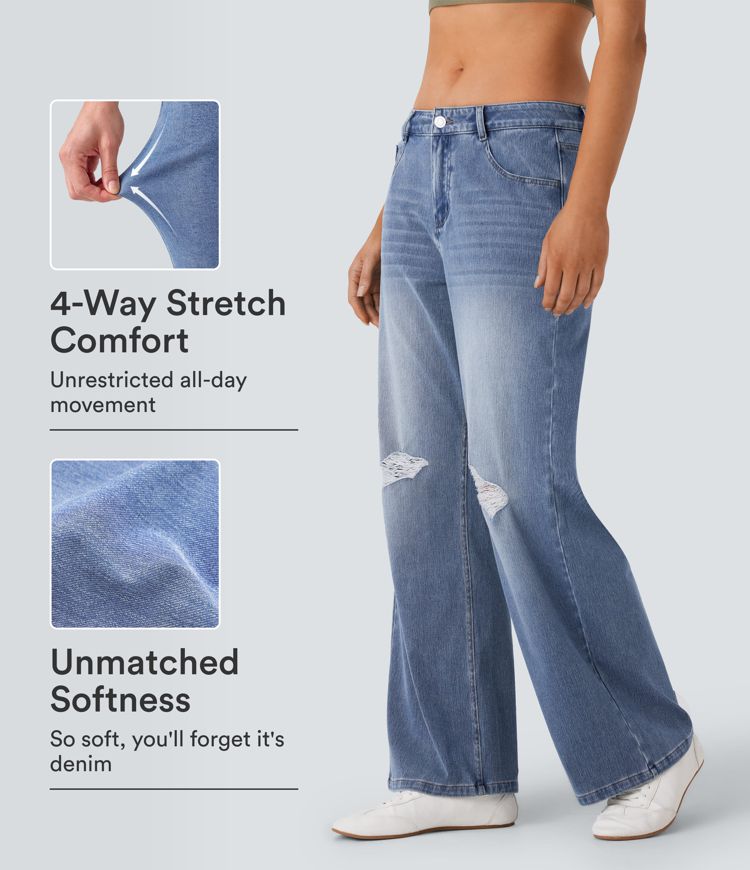 Halara Flex™ Mid Rise Ripped Washed Casual Baggy Jeans With Pockets