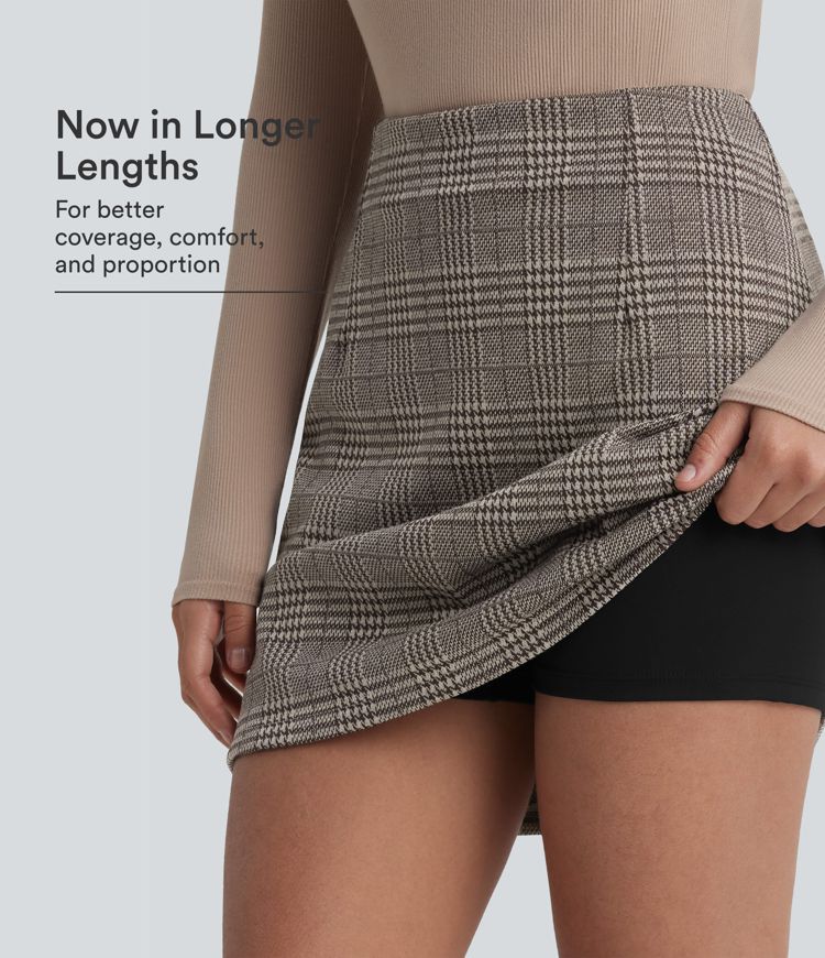 High Waisted 2-in-1 Houndstooth Plaid Mini Work Skirt-Longer Length High Waisted 2-in-1 Houndstooth Plaid Mini Work Skirt-Longer Length