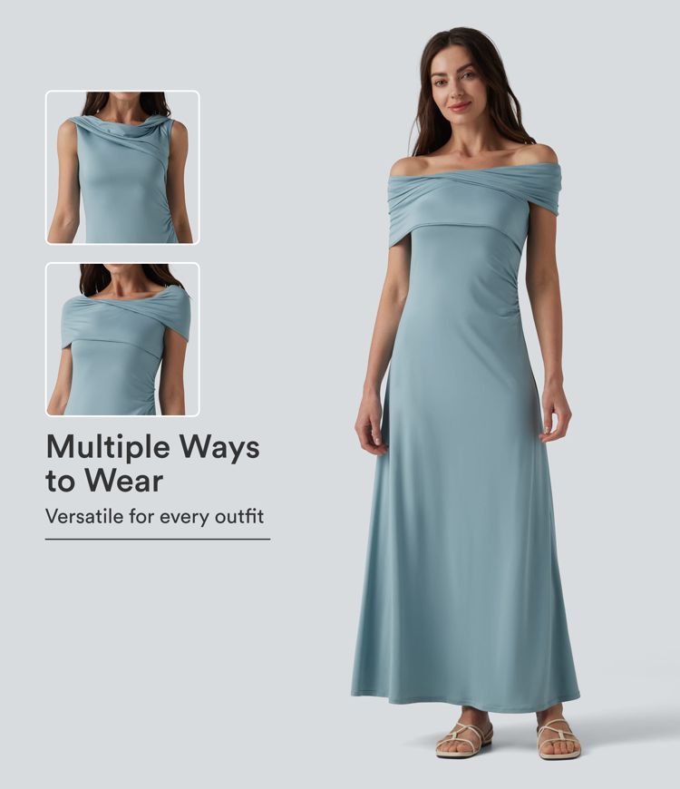 Off-shoulder Ruched Tie-back Maxi Casual Dress