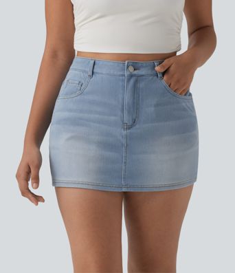 Halara Flex™ Denim hoch taillierter, mikrokurzer Casual-Skort mit Taschen Halara Flex™ Denim hoch taillierter, mikrokurzer Casual-Skort mit Taschen