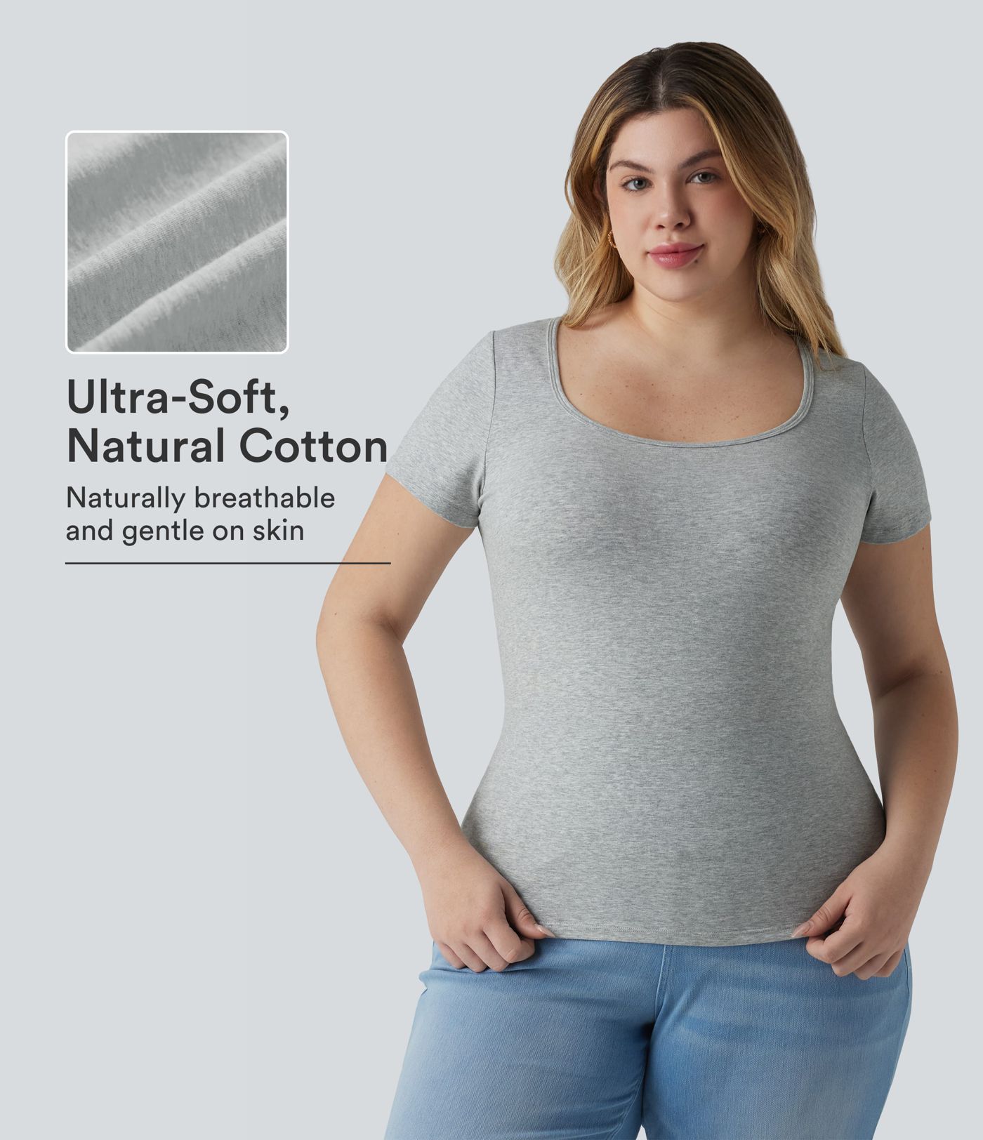 Halara Cotton Jersey Square Neck Short Sleeve Ultra-slim Heathered Casual Plus Size T-Shirt