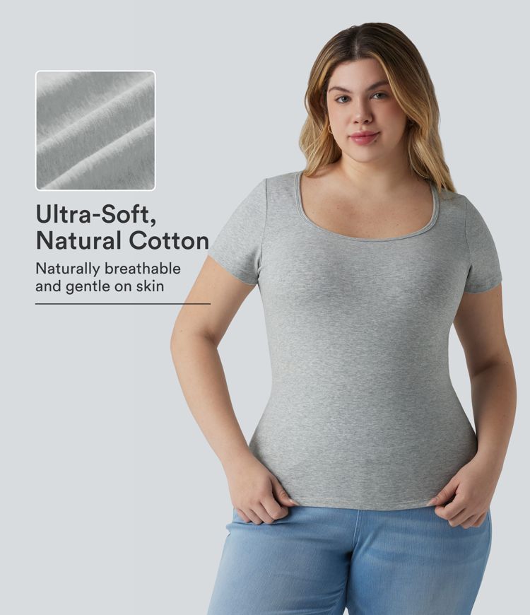 Halara Cotton Jersey Square Neck Short Sleeve Ultra-slim Heathered Casual Plus Size T-Shirt