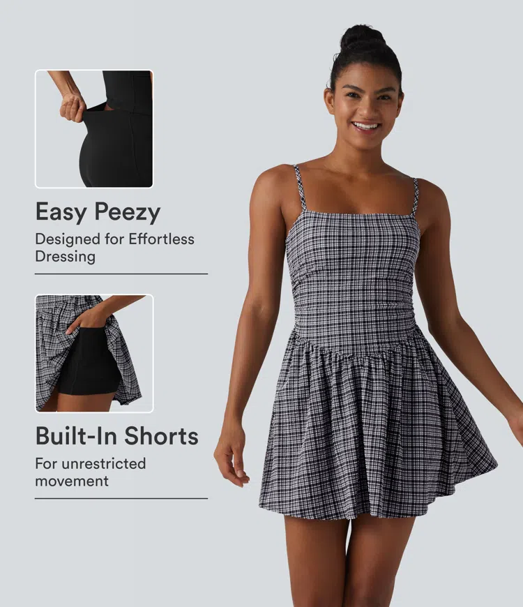 Adjustable Straps 2-in-1 Built-in Bra A-line Mini Plaid Crinkle Quick Dry Tennis Active Slip Dress with Pockets-Easy Peezy