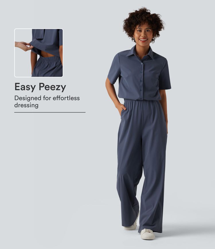 Women's Short Sleeve Work Jumpsuit with Pockets-Easy Pezzy Edition