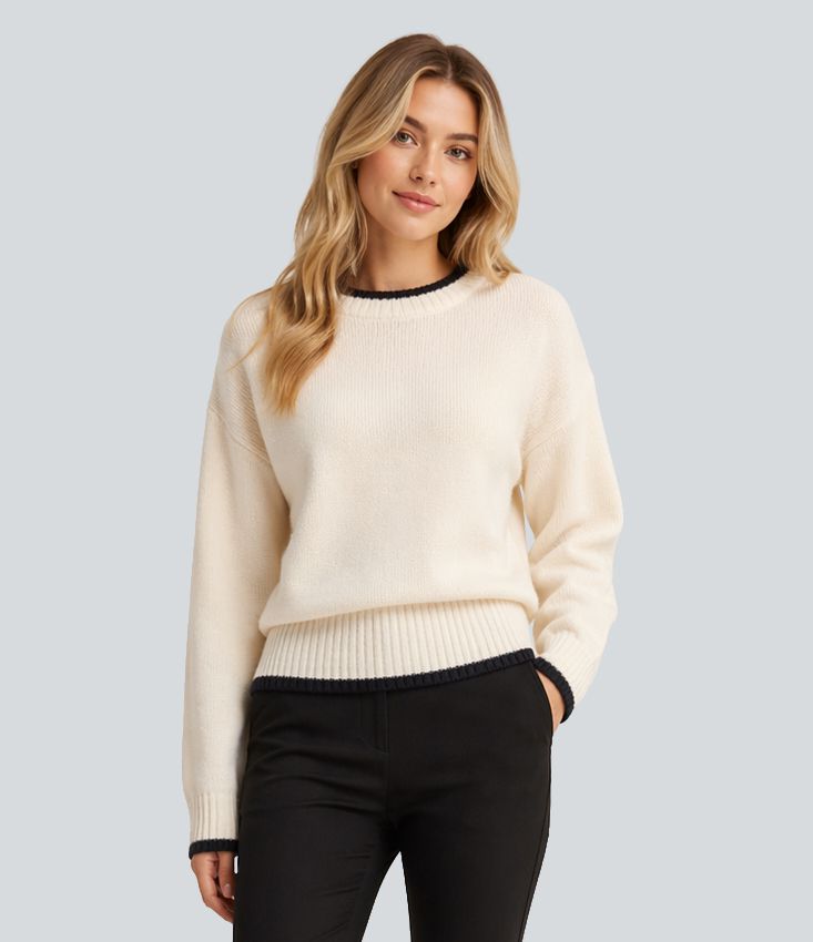 Round Neck Long Sleeve Color Block Casual Sweater