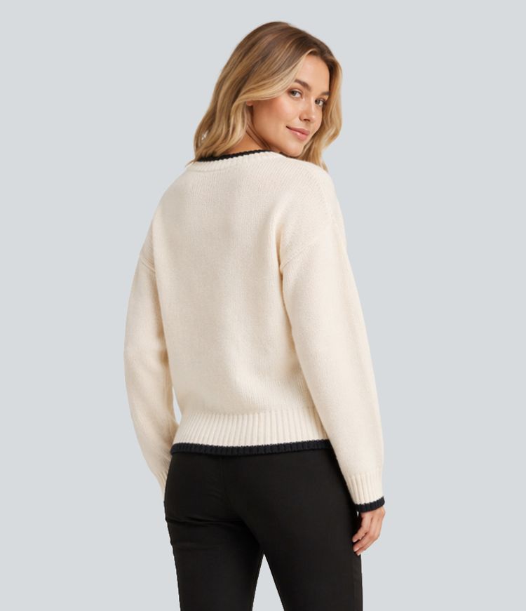 Round Neck Long Sleeve Color Block Casual Sweater