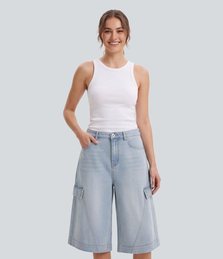 Halara Flex™ Mid Rise Casual Pedal Pusher Baggy Jeans with Pockets