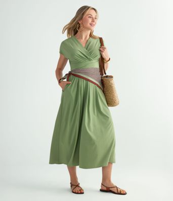 Breezeful™ V Neck Short Sleeve Pocket Tie Back Quick Dry Midi Casual Dress-Longer Length