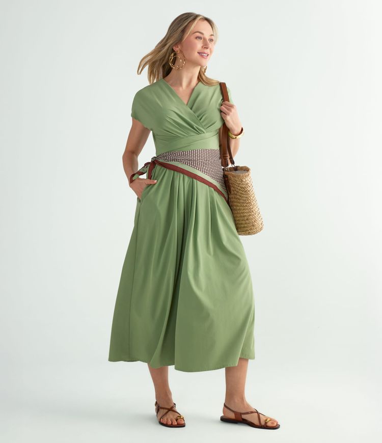 Breezeful™ V Neck Short Sleeve Pocket Tie Back Quick Dry Midi Casual Dress-Longer Length