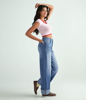 Halara Flex™ Hochgeschnittene Hose mit Taschen, Umgeschlagener Saum, Weites Bein, Gewaschene Lässige Jeans