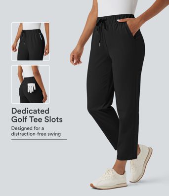 High Waisted Drawstring Pockets Quick Dry Golf Tapered Pants-Golf Tee Pocket