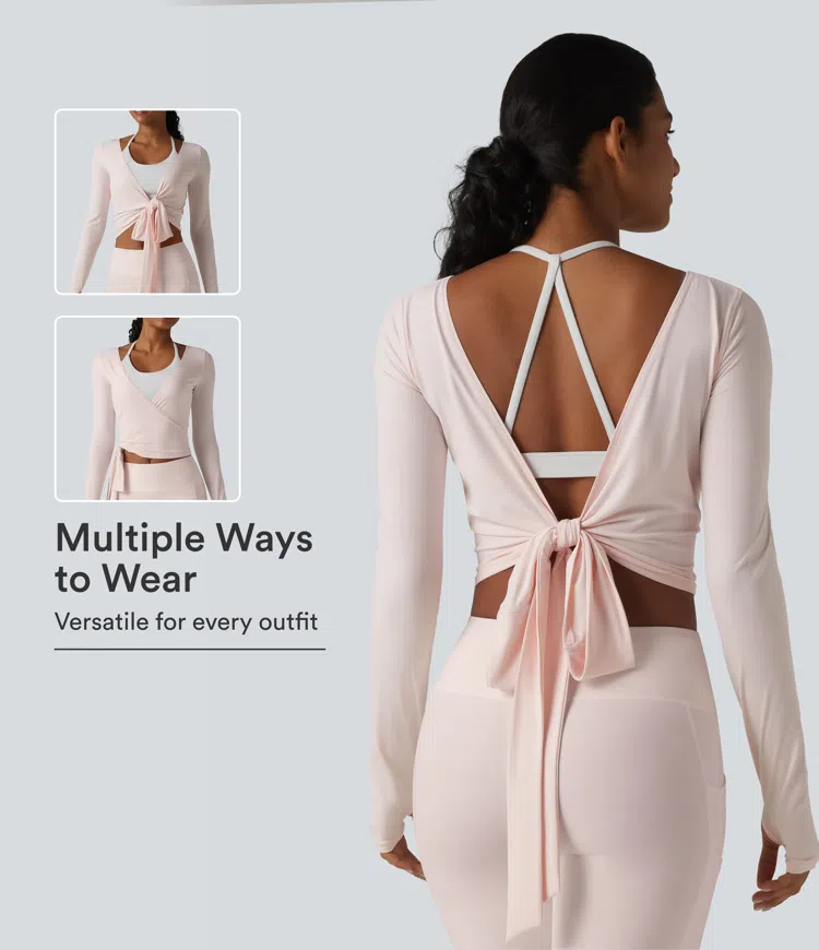 Primrose Pink Top de yoga à manches longues, croisé et à nouer, toucher frais - UPF50+ / 1