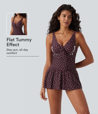 V Neck Push-Up Tie Front Tummy Control 2-in-1 Polka Dot One-Piece Swimsuit