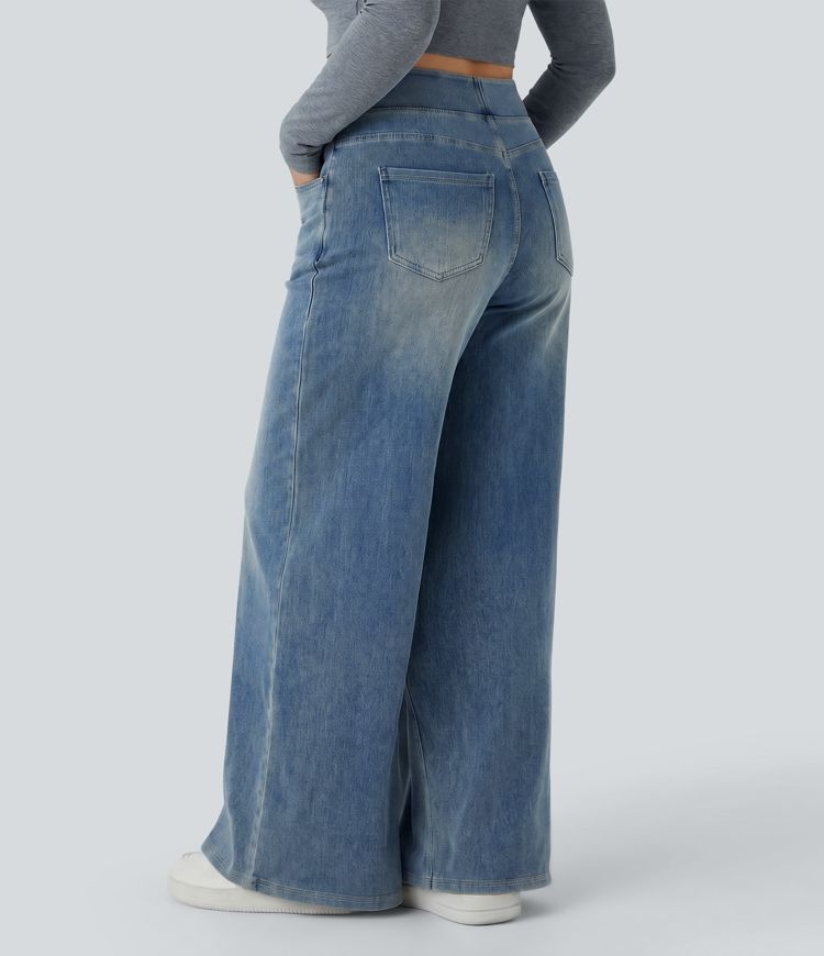 Halara Flex™ High Waisted Pockets Baggy Wide Leg Washed Casual Plus Size Jeans