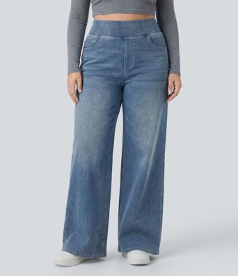 Halara Flex™ High Waisted Pockets Baggy Wide Leg Washed Casual Plus Size Jeans