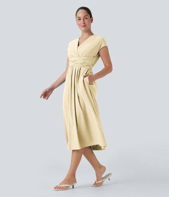 Breezeful™ V Neck Short Sleeve Pocket Tie Back Quick Dry Midi Casual Dress Breezeful™ V Neck Short Sleeve Pocket Tie Back Quick Dry Midi Casual Dress