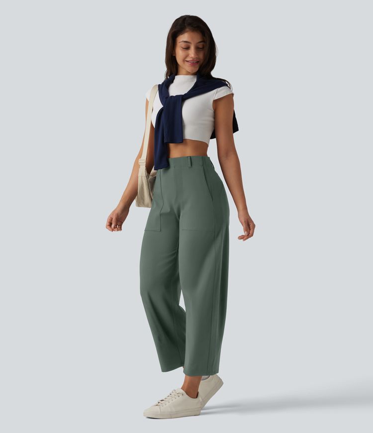 DayStretch High Waisted Barrel Leg Casual Trousers with Pockets