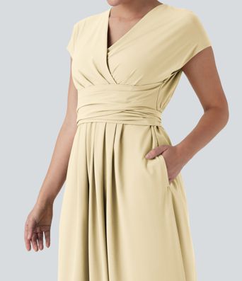 Breezeful™ V Neck Short Sleeve Pocket Tie Back Quick Dry Midi Casual Dress Breezeful™ V Neck Short Sleeve Pocket Tie Back Quick Dry Midi Casual Dress
