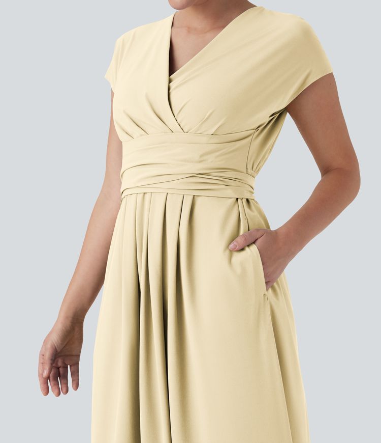 Breezeful™ V Neck Short Sleeve Pocket Tie Back Quick Dry Midi Casual Dress Breezeful™ V Neck Short Sleeve Pocket Tie Back Quick Dry Midi Casual Dress