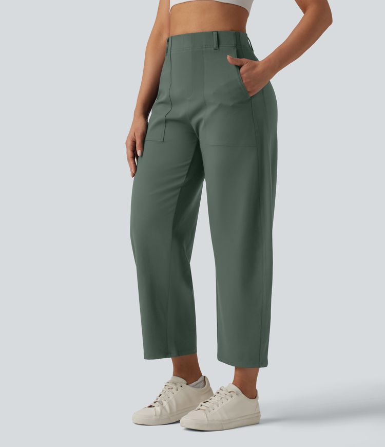 DayStretch High Waisted Barrel Leg Casual Trousers with Pockets