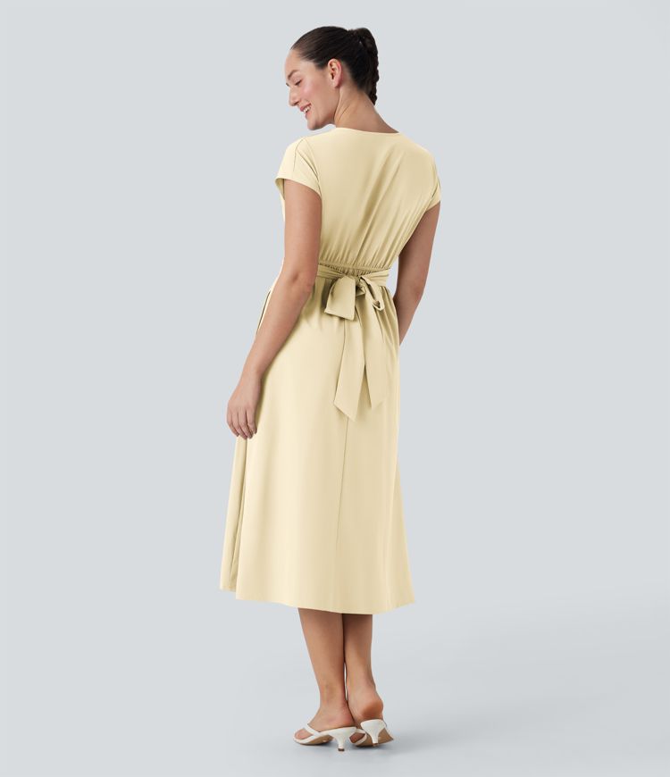 Breezeful™ V Neck Short Sleeve Pocket Tie Back Quick Dry Midi Casual Dress Breezeful™ V Neck Short Sleeve Pocket Tie Back Quick Dry Midi Casual Dress