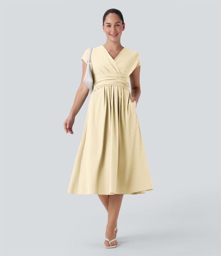 Breezeful™ V Neck Short Sleeve Pocket Tie Back Quick Dry Midi Casual Dress Breezeful™ V Neck Short Sleeve Pocket Tie Back Quick Dry Midi Casual Dress