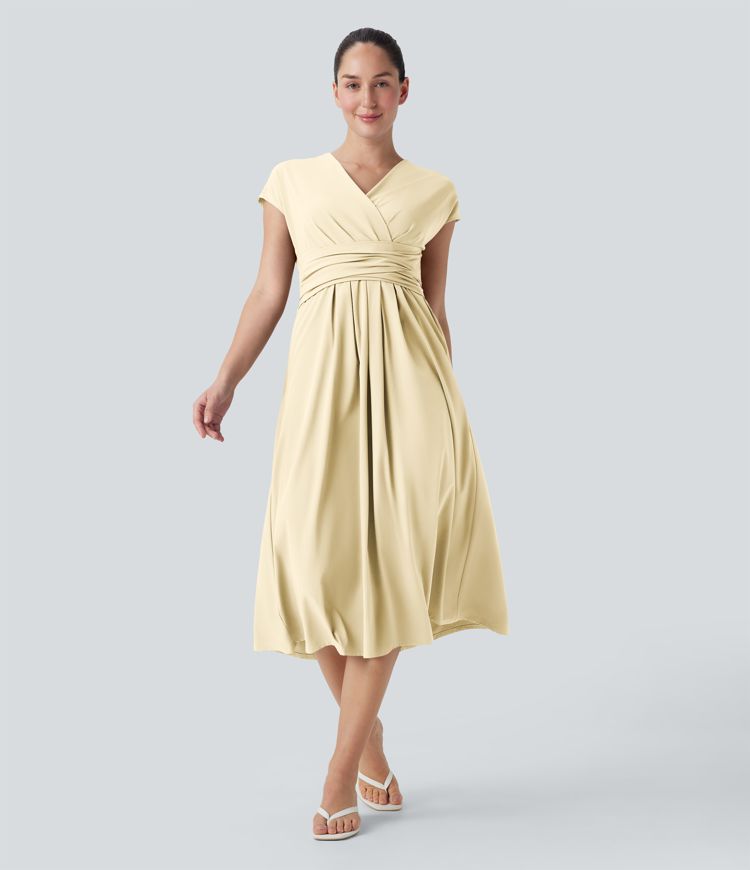 Breezeful™ V Neck Short Sleeve Pocket Tie Back Quick Dry Midi Casual Dress Breezeful™ V Neck Short Sleeve Pocket Tie Back Quick Dry Midi Casual Dress
