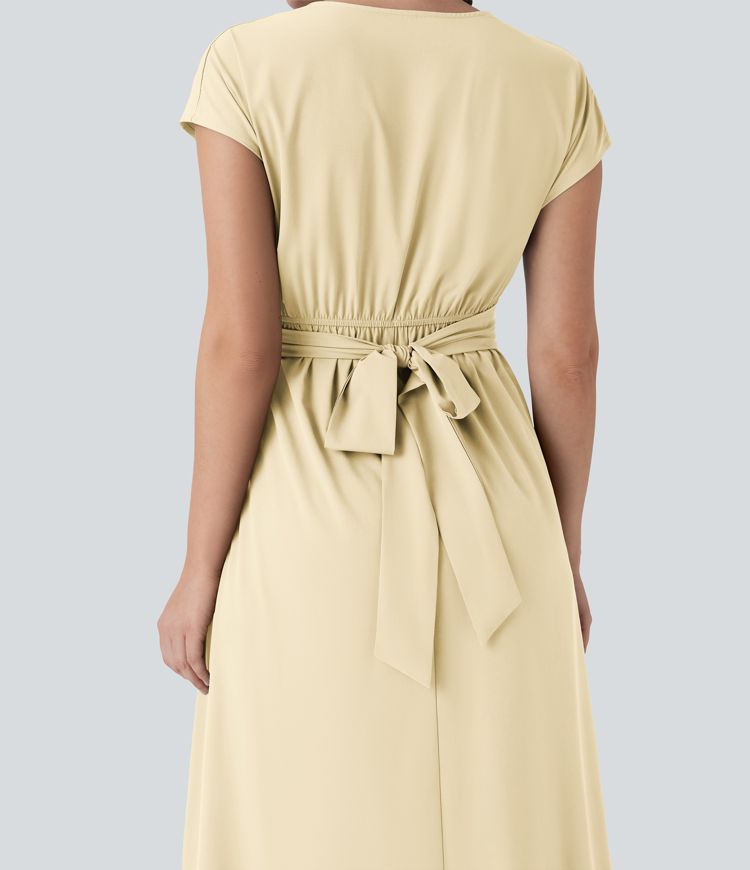 Breezeful™ V Neck Short Sleeve Pocket Tie Back Quick Dry Midi Casual Dress Breezeful™ V Neck Short Sleeve Pocket Tie Back Quick Dry Midi Casual Dress