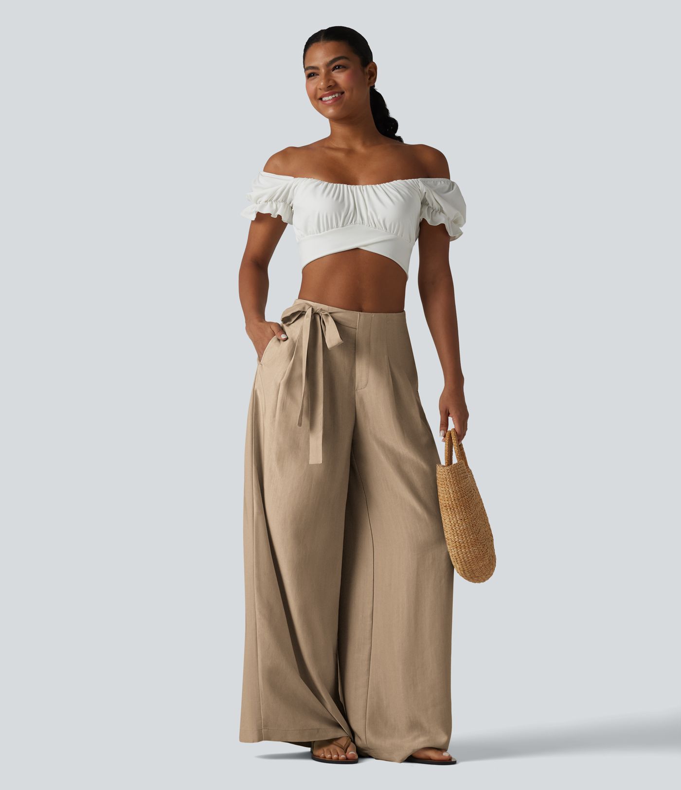 Pantalon large fluide taille haute en lin mélangé avec poches et liens latéraux