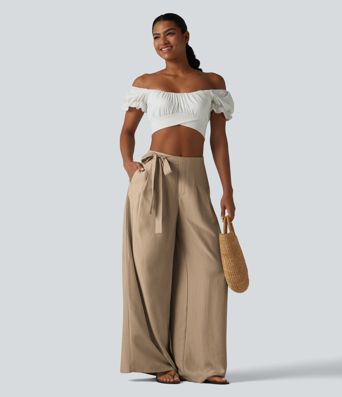Pantalon large fluide taille haute en lin mélangé avec poches et liens latéraux